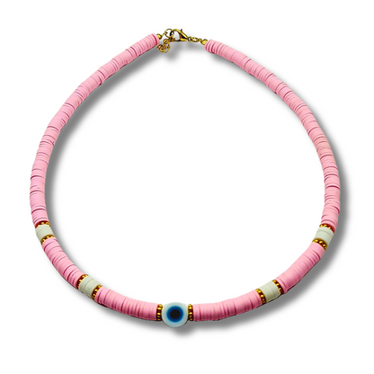 beaded necklace, pink bead necklace, evil eye necklace, evil eye charm necklace, heishi necklace, pink beaded necklace, mykonos necklace, heishi evil eye necklace