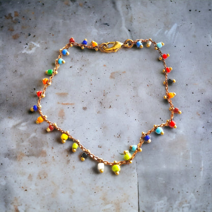 gold chain bracelet with rainbow beads, beaded jewellery, beaded bracelet