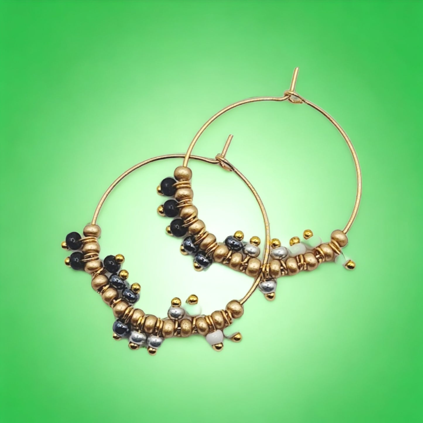 black and gold hoop earrings, and gold beaded hoop earrings, black beaded earrings