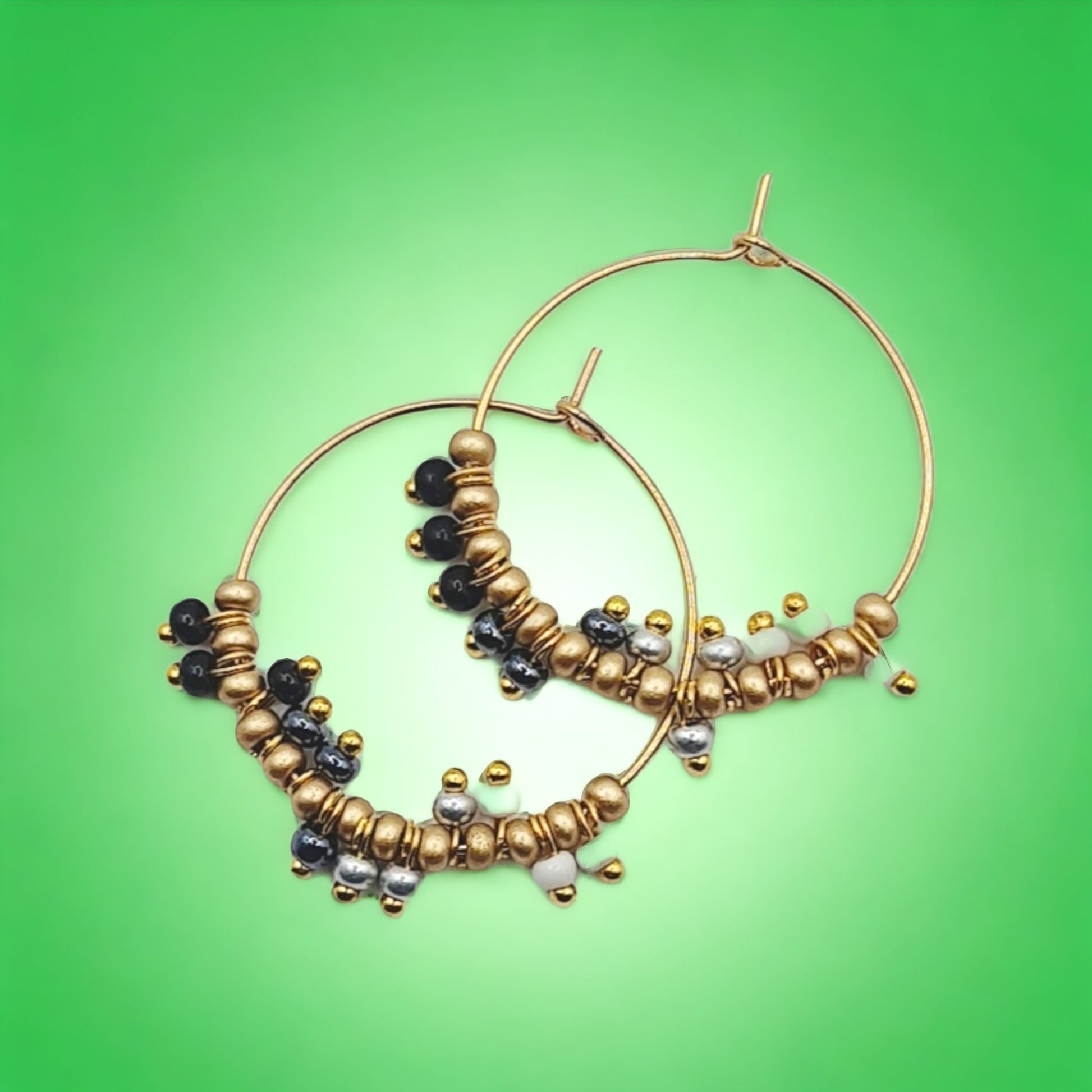 black and gold hoop earrings, and gold beaded hoop earrings, black beaded earrings