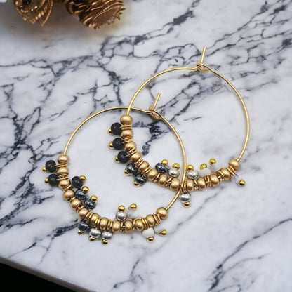 black and gold hoop earrings, and gold beaded hoop earrings, black beaded earrings