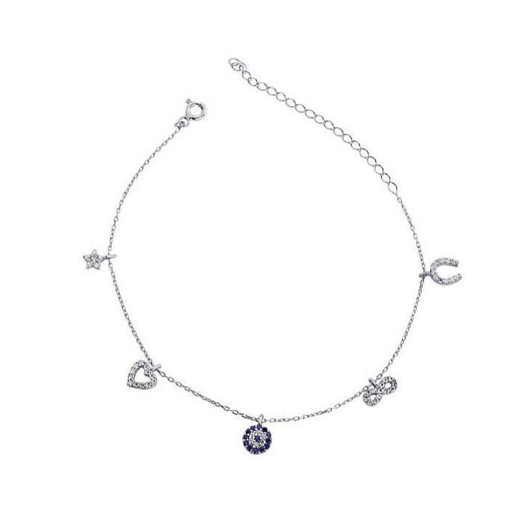 good luck silver bracelet, silver charm bracelet, evil eye bracelet, infinity symbol bracelet, horse shoe bracelet