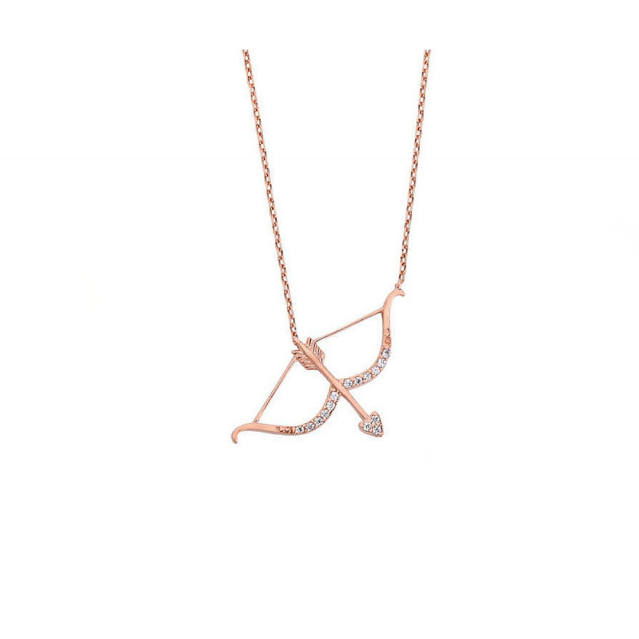 rose gold bow and arrow necklace, rose gold love necklace, rose gold cherub target necklace, rose gold diamond bow and arrow necklace