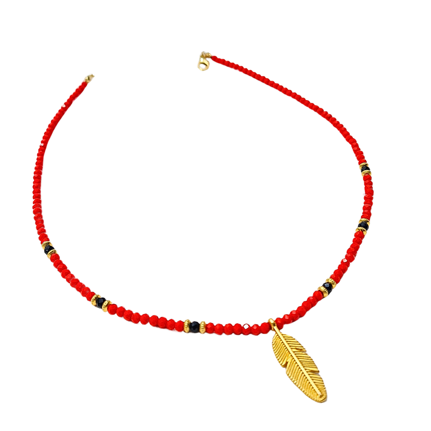 red crystal bead necklace with gold leaf charm, gold leaf necklace, red crystal beaded necklace, red beaded necklace