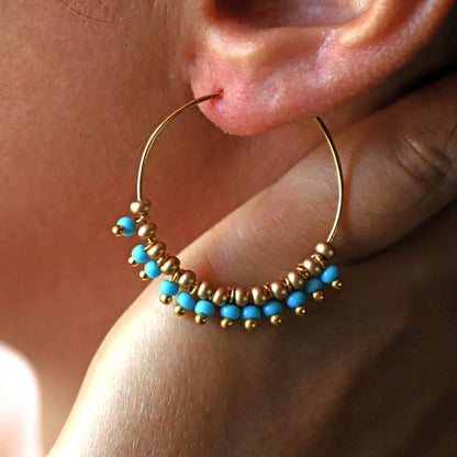 turquoise and gold hoop earrings, blue and gold hoop earrings, beaded earrings