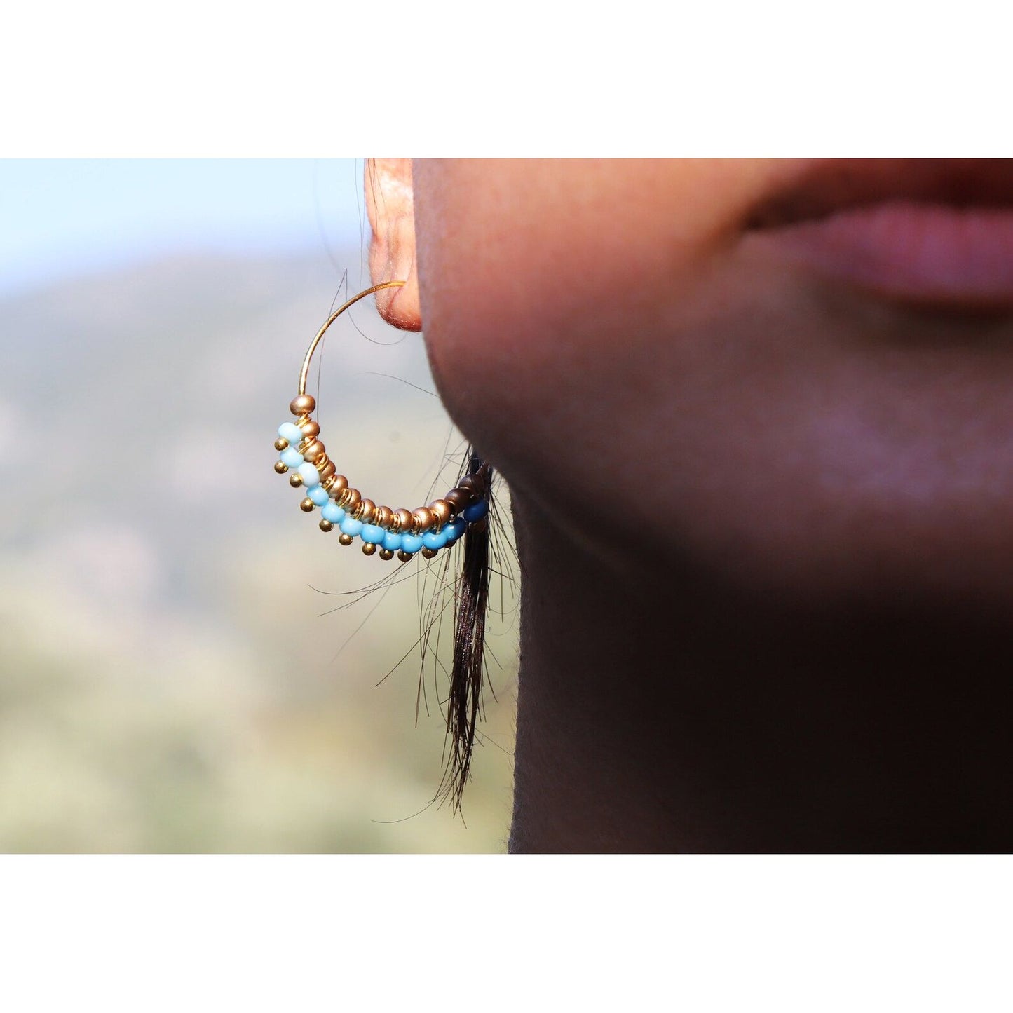 turquoise and gold hoop earrings, turquoise and gold beaded hoop earrings, turquoise beaded earrings