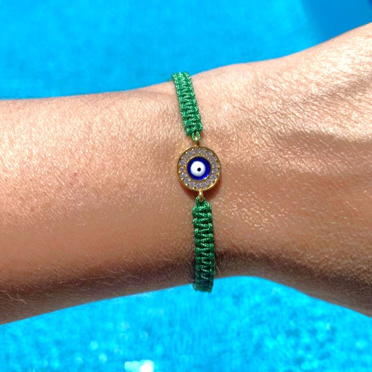 macrame evil eye bracelet, green evil eye bracelet, cotton macrame evil eye bracelet, evil eye jewellery