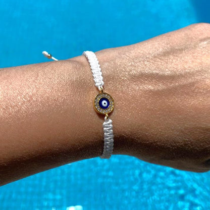 macrame evil eye bracelet, white evil eye bracelet, cotton macrame evil eye bracelet, evil eye jewellery