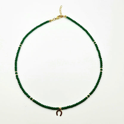 green crystal necklace, crystal bead necklace, gold horseshoe charm necklace, emerald green bead necklace, gold horseshoe necklace