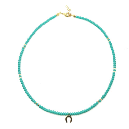 aqua crystal necklace, crystal bead necklace, gold horseshoe charm necklace, aqua bead necklace, gold horseshoe necklace