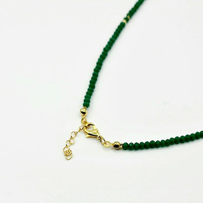 green crystal necklace, crystal bead necklace, gold horseshoe charm necklace, emerald green bead necklace, gold horseshoe necklace