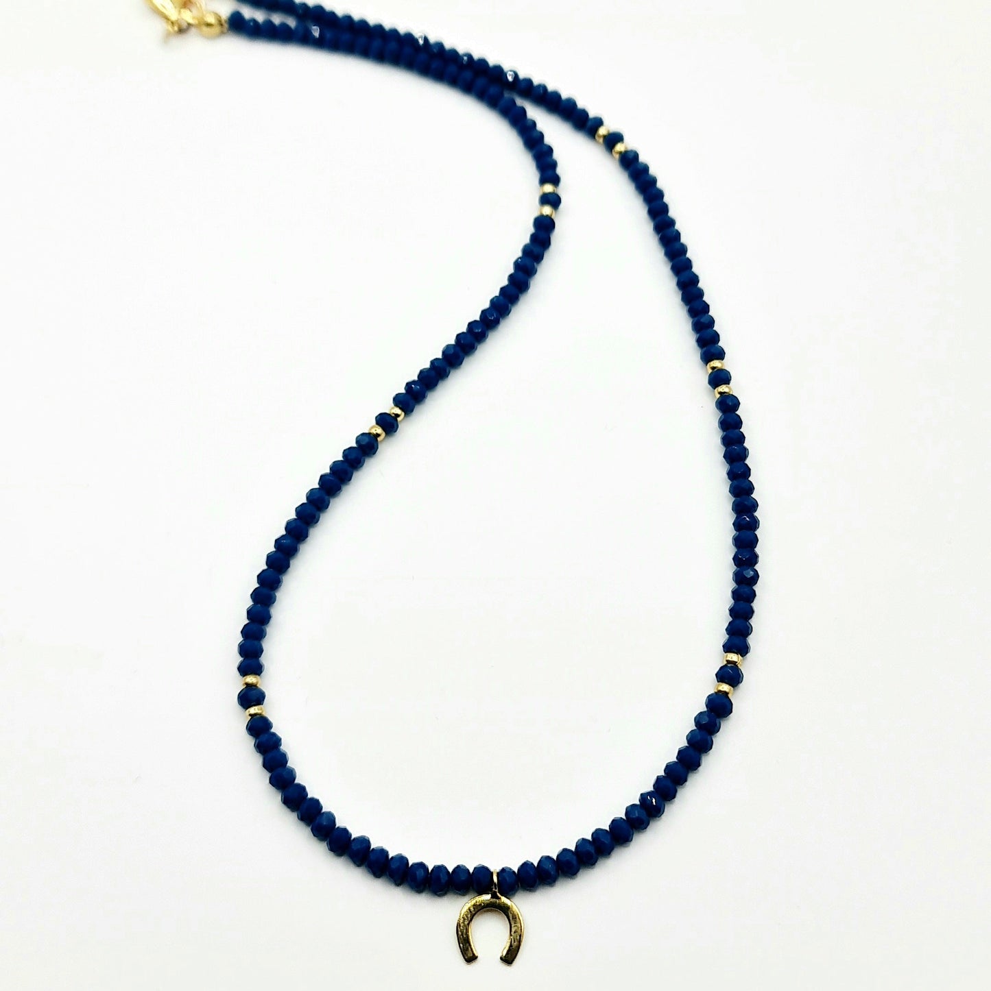 crystal bead necklace, gold horseshoe charm necklace, blue bead necklace, gold horseshoe necklace