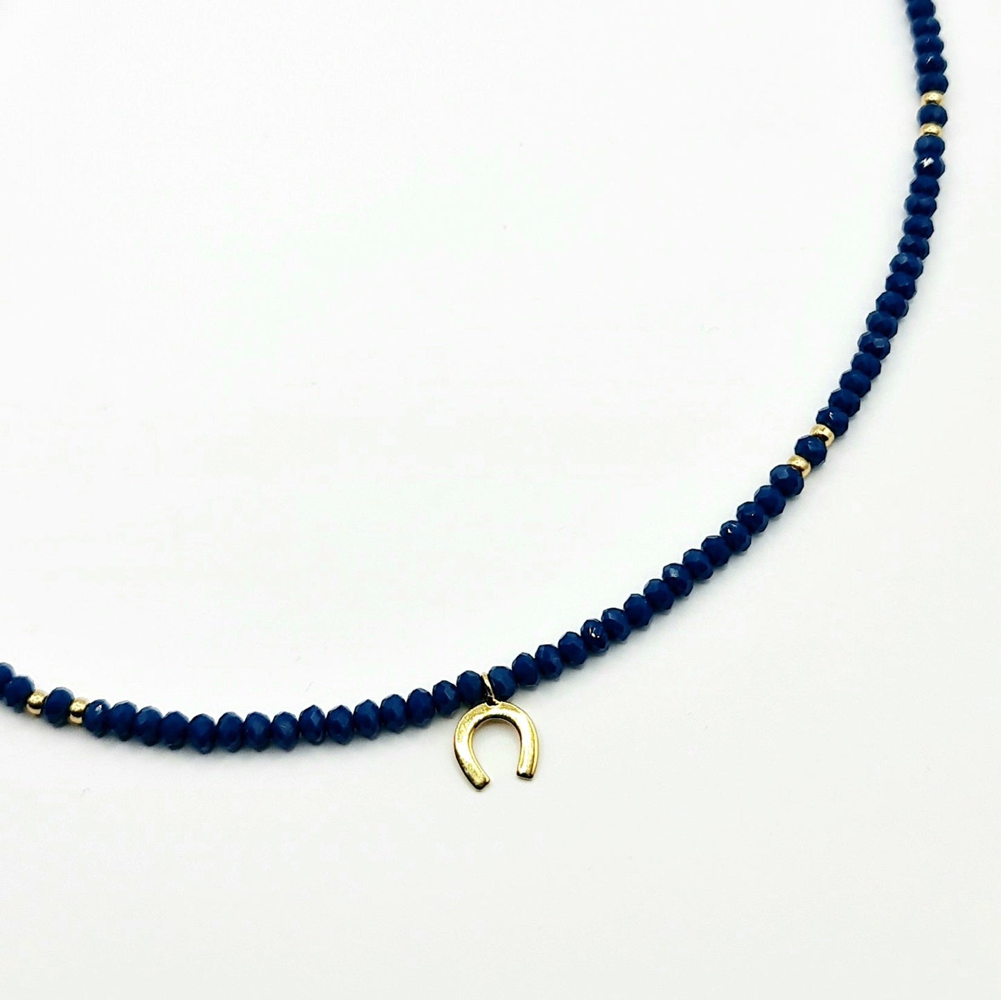 crystal bead necklace, gold horseshoe charm necklace, blue bead necklace, gold horseshoe necklace, blue crystal bead neckalace