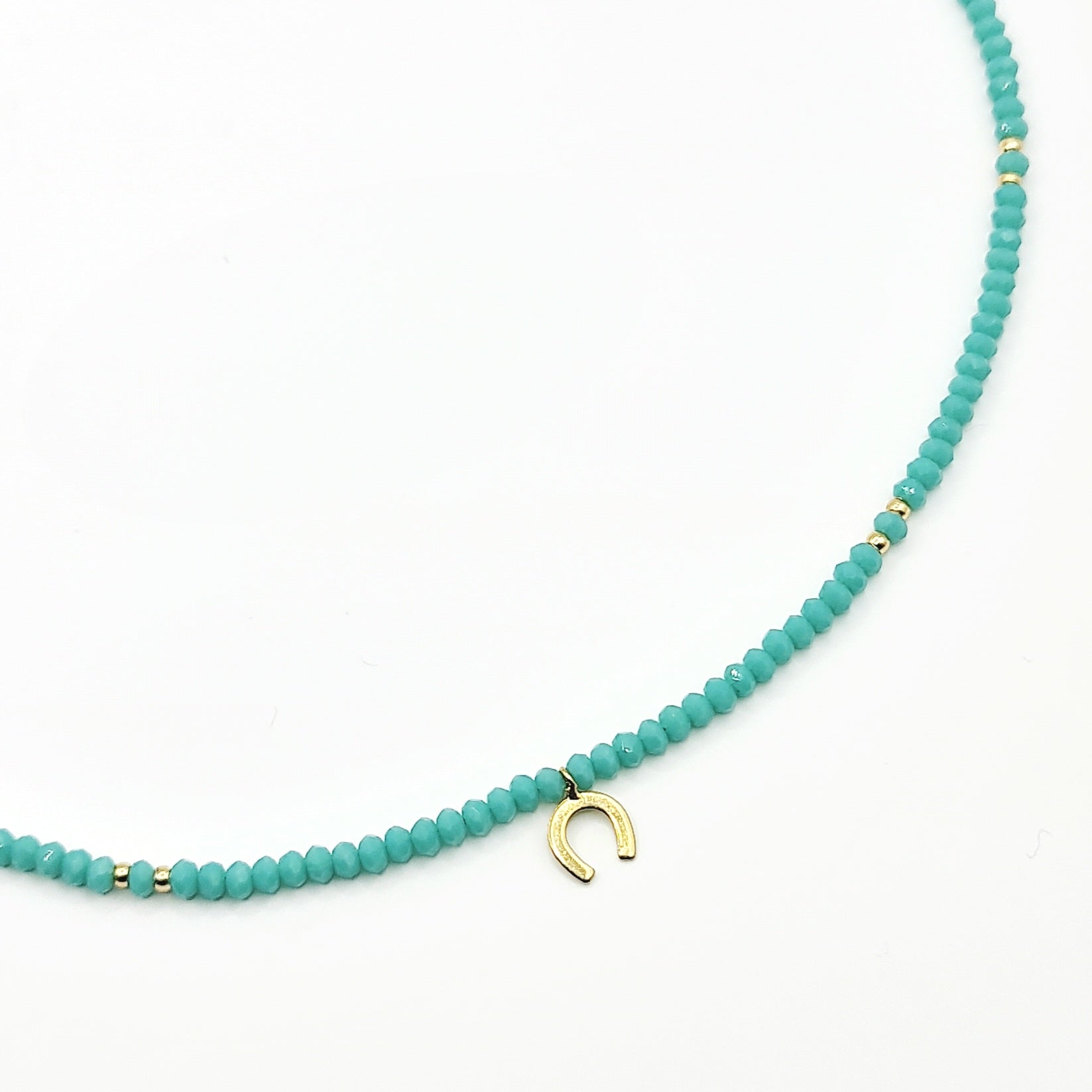 aqua crystal necklace, crystal bead necklace, gold horseshoe charm necklace, aqua bead necklace, gold horseshoe necklace